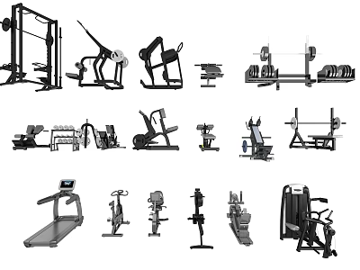 Comprehensive Collection of Fitness Equipment Featuring Treadmills Dumbbells Weight Machines and Exercise Benches 3d model