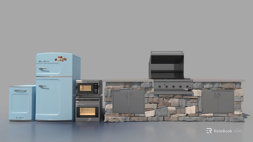 Blue Refrigerator Microwave Oven And Grill In Modern Kitchen With Stone Wall Cabinets 3d model 