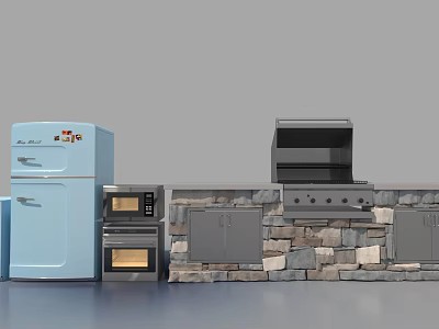 Blue Refrigerator Microwave Oven And Grill In Modern Kitchen With Stone Wall Cabinets 3d model