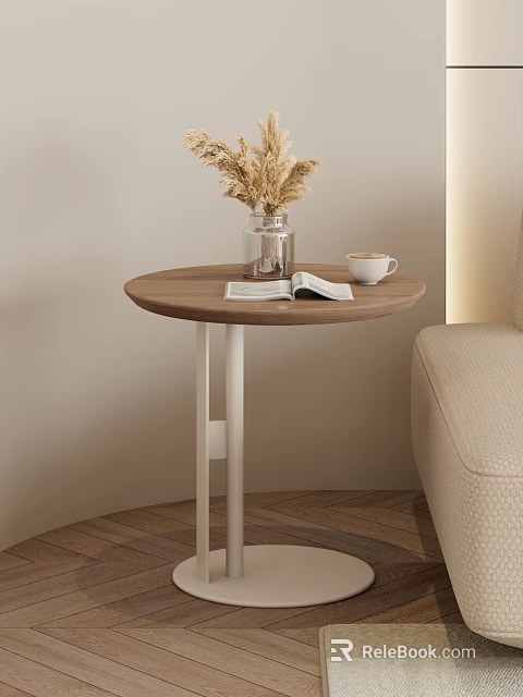 Wooden Top Side Table with White Metal Legs Clear Vase Coffee Cup in Living Room 3d model 
