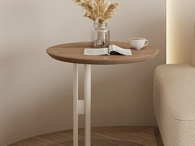 Wooden Top Side Table with White Metal Legs Clear Vase Coffee Cup in Living Room 3d model