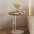 Wooden Top Side Table with White Metal Legs Clear Vase Coffee Cup in Living Room