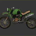 Green Vintage Motorcycle With Brown Leather Seat And Off Road Tires