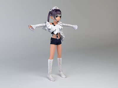 3D Game Character With Purple Ponytail White Hair Accessory White Coat Black Shorts White Boots 3d model