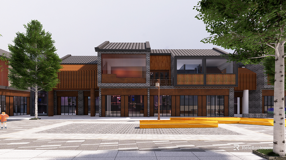 Traditional Modern Commercial Street With Wooden Structure Brick Walls Balconies And Open Square 3d model 