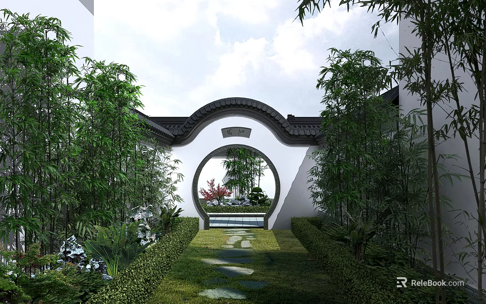 Chinese Style Garden Circular Archway With Lush Greenery Bamboo And Water Feature Path 3d model 