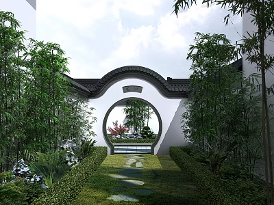 Chinese Style Garden Circular Archway With Lush Greenery Bamboo And Water Feature Path 3d model