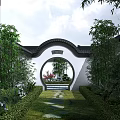 Chinese Style Garden Circular Archway With Lush Greenery Bamboo And Water Feature Path