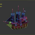 Pirate Ship with Purple Sails Skull Decoration Wooden Hull and Black Flag