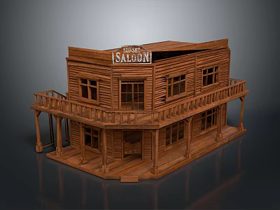 Wooden Two Story Old Town Saloon Building Model With Balcony And Sign 3d model