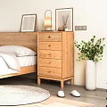 Wooden Chest of Drawers in Bedroom with Bedhead Table Lamp and Green Plant