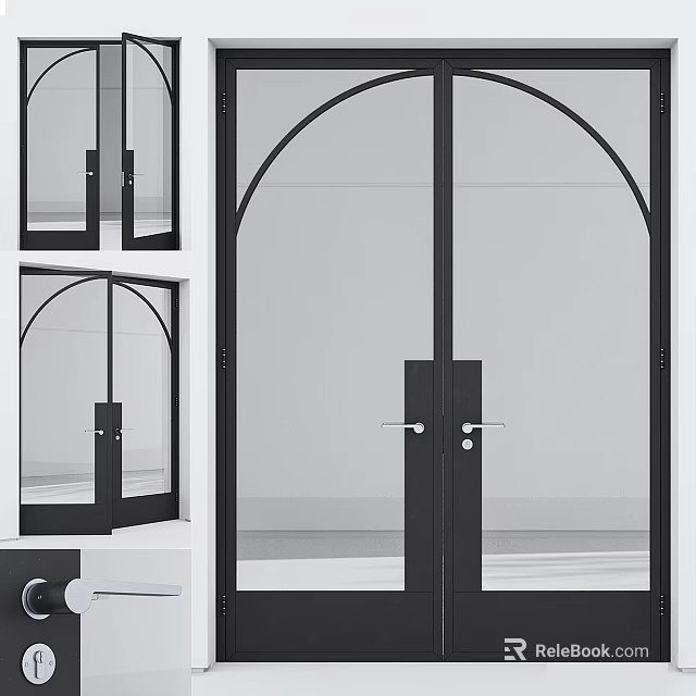 Modern Black Frame Glass Double Doors With Arched Design For Home Interior 3d model 