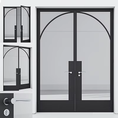 Modern Black Frame Glass Double Doors With Arched Design For Home Interior 3d model