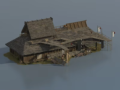 Ancient Traditional Building With Wooden Structure Tile Roof Scaffolding And Architectural Details 3d model