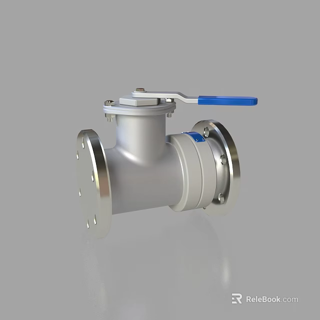 Industrial Stainless Steel Ball Valve with Blue Handle and Flange Connections 3d model 