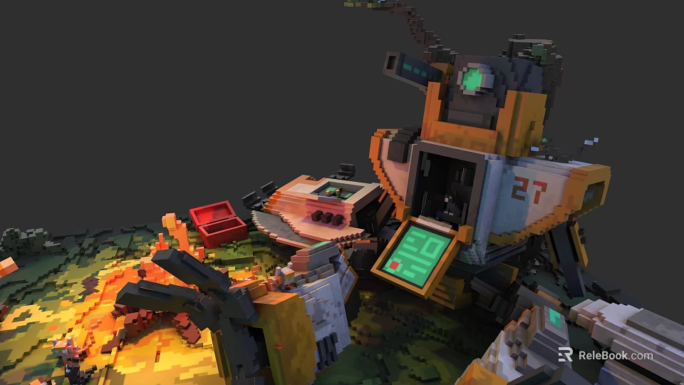 Detailed Pixel Style Mechanical Device With Green Screen Red Toolbox And Number 27 3d model 