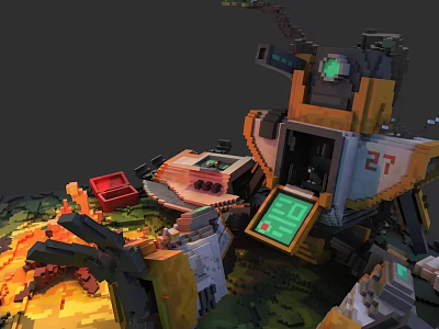 Detailed Pixel Style Mechanical Device With Green Screen Red Toolbox And Number 27 3d model
