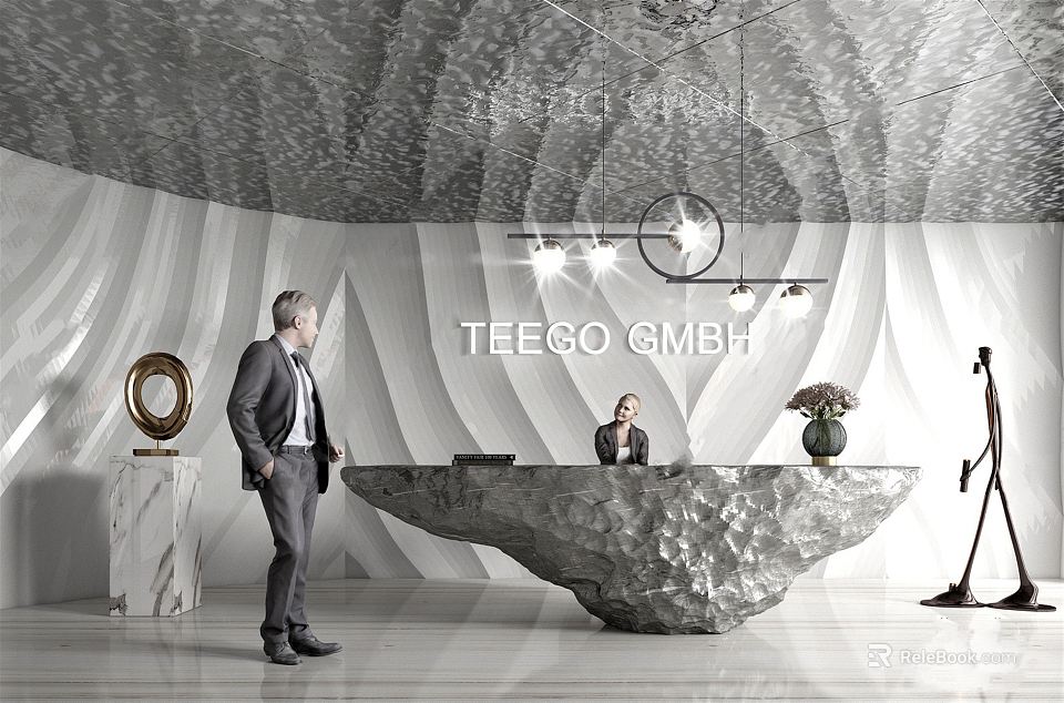 Modern Lobby Reception Desk with Wavy Wall Design and Receptionist Assisting Visitor 3d model 