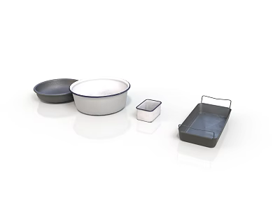 Practical Household Items Including Enamel Bowl Black Plate Square Container And Tray With Handle 3d model