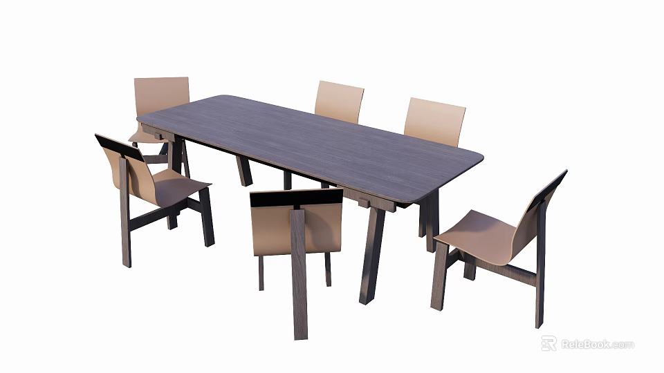 Modern Rectangular Dining Table Set With Six Light Colored Chairs For Home Dining Room 3d model