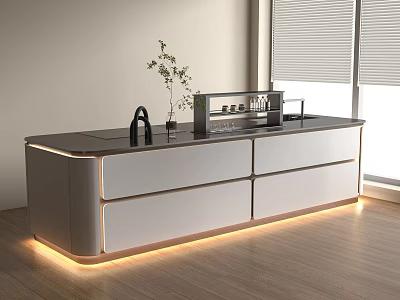 Modern Kitchen Island Interior With White Cabinets Black Countertop LED Strip Lights And Small Plant 3d model