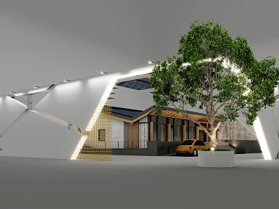Modern Exhibition Booth Design With Tree Lighting And Contemporary Architectural Elements 3d model
