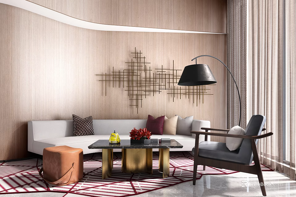 Elegant Modern Sofa Coffee Table Set With Geometric Wall Decor Floor Lamp And Patterned Rug 3d model