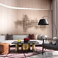 Elegant Modern Sofa Coffee Table Set With Geometric Wall Decor Floor Lamp And Patterned Rug 3d model