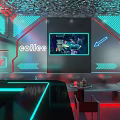 Modern Café Interior With Futuristic Ceiling Neon Lights And Bar Counter