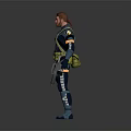 3D Sci Fi Male Character In Blue Yellow Outfit With Backpack Holding Tool 3d model