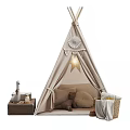 Cozy Beige Tepee Tent Setup With Plush Toys Vintage Suitcase Woven Basket And Lantern