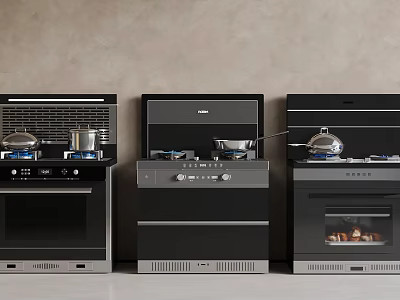 Modern Kitchen Appliances Integrated Stoves With Oven And Pans In Black Gray Design 3d model