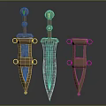 Ancient Ornate Weapons With Gold Sheaths Hilts And Central Silver Blade 3d model