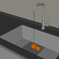 Kitchen Sink With Running Water Faucet And Fresh Tomatoes On Countertop With Wine Glasses