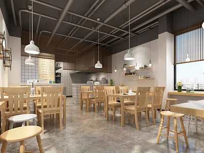 Modern Restaurant Interior Design Featuring Wooden Tables Chairs Open Kitchen and Hanging Lights 3d model