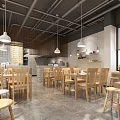 Modern Restaurant Interior Design Featuring Wooden Tables Chairs Open Kitchen and Hanging Lights