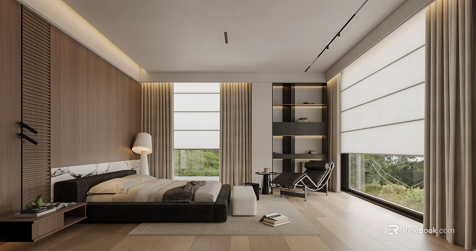 Modern Bedroom Interior Design With Wooden Walls Bed Large Windows Curtains And Bookshelves 3d model 