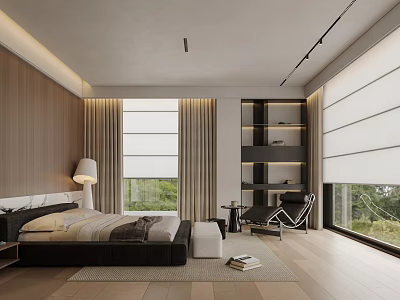 Modern Bedroom Interior Design With Wooden Walls Bed Large Windows Curtains And Bookshelves 3d model