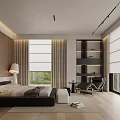 Modern Bedroom Interior Design With Wooden Walls Bed Large Windows Curtains And Bookshelves