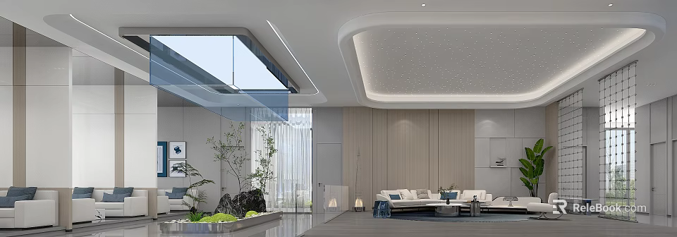 Contemporary Minimalist Sales Office Interior Featuring Starry Ceiling Comfortable Sofas And Exquisite Indoor Green Landscapes 3d model 