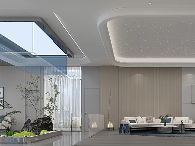 Contemporary Minimalist Sales Office Interior Featuring Starry Ceiling Comfortable Sofas And Exquisite Indoor Green Landscapes 3d model