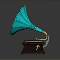 Vintage Phonograph with Turquoise Horn Gold Accents and Wooden Base in Retro Style