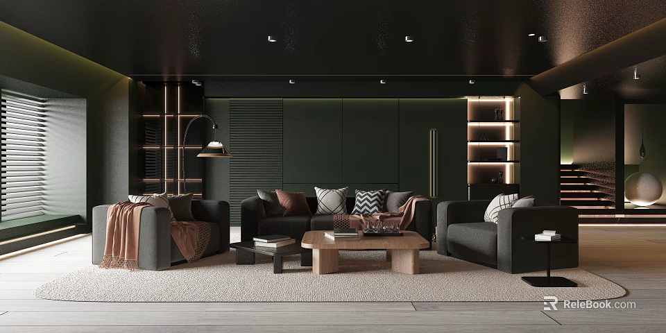 Living Room With Dark Green Accent Wall Black Ceiling Recessed Lighting And Dark Gray Sofas 3d model 