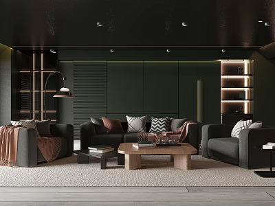 Living Room With Dark Green Accent Wall Black Ceiling Recessed Lighting And Dark Gray Sofas 3d model