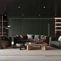 Living Room With Dark Green Accent Wall Black Ceiling Recessed Lighting And Dark Gray Sofas