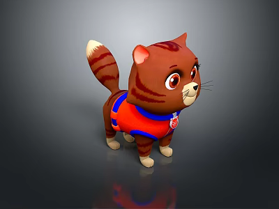 Cute Brown Striped Cartoon Cat 3D Model Wearing Red Vest With Badge 3d model
