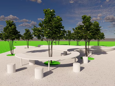 White Outdoor Chairs In Circular Design Under Trees On Green Lawn And Sandy Ground 3d model
