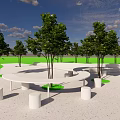 White Outdoor Chairs In Circular Design Under Trees On Green Lawn And Sandy Ground