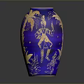 Blue Vase With Golden Carved Human Figure And Palm Tree Designs
