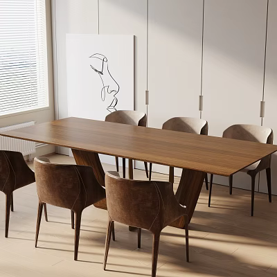 Modern Dining Table Set With Long Wooden Top Brown Chairs Decorative Painting And Hanging Lights 3d model